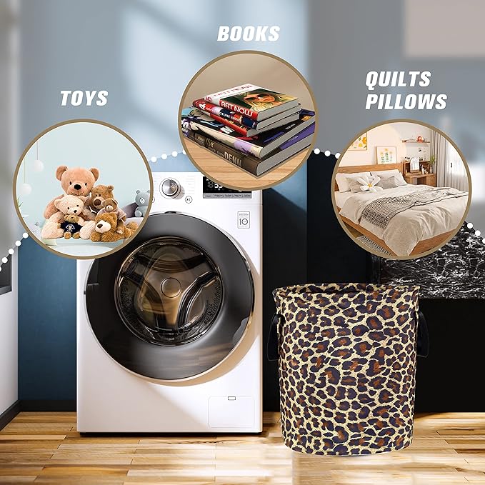 Brown Leopard Laundry Basket Foldable Oxford Cloth Funny Tote Bag Laundry Hamper Clothes Storage Bucket Organizer For Bathroom/Laundry Storage/Bedroom Storage Basket 17.7x13.7 Inch