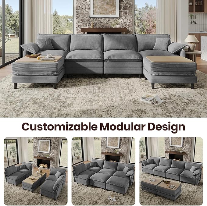 143" U Shaped Modular Sectional Cloud Couch with Two Ottoman