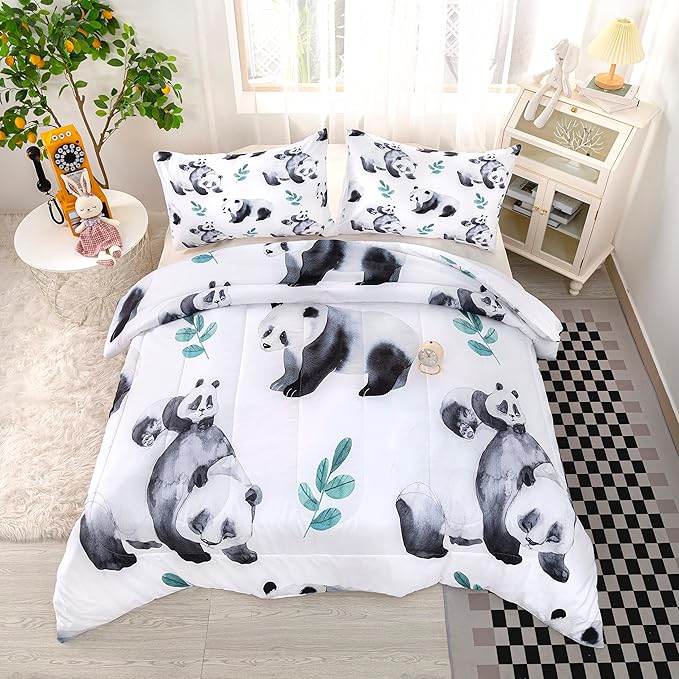 CVHOUSE Panda Bedding Set, Kawaii Panda Comforter Twin Set with 1 Comforter and 2 Pillow Cases - 3 Piece