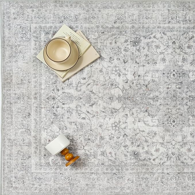 Gray Area Rug 5x7 for Living Room Washable Vintage Carpet Low Pile Non Slip Distressed Soft Traditional Retro Oriental Grey Accent Throw Rug Office Kitchen Bedroom Bathroom Dining Room