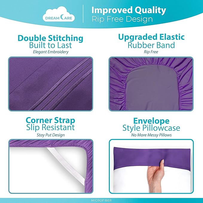 DREAMCARE Twin XL Sheet Sets – 3pcs Cooling Sheets – up to 15” Deep Pocket Twin XL Sheets Set – Hotel Luxury Sheets & Pillowcases – Superior Softness 100% Fine Microfiber with Side Pocket – Purple DREAMCARE