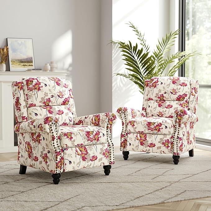 Recliner Chair, Modern Pushback Armchair with Adjustable Backrest & Footrest for Bedroom, Living Room (Pattern Floral,Set of 2)
