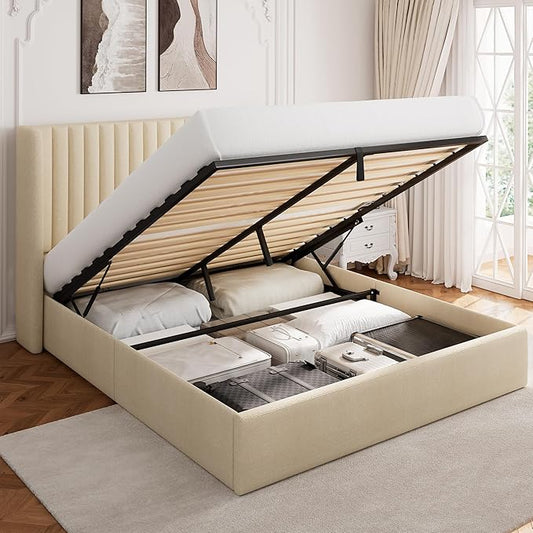 Queen Size Lift Up Storage Bed, Upholstered Platform Bed Frame with Wingback Headboard, Hydraulic System, Solid Wooden Slats Support, Noise-Free, No Box Spring Needed, Easy Assembly, Beige
