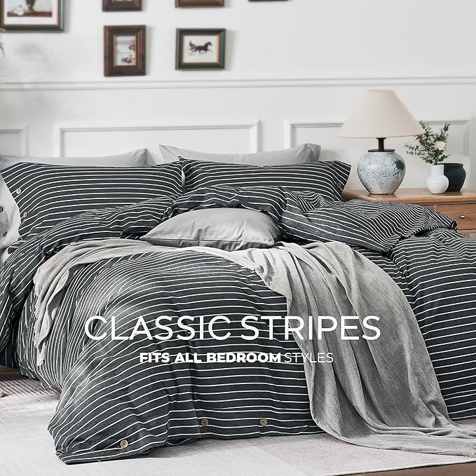 JELLYMONI Cotton Duvet Cover Twin Size - Gray Pinstriped Comforter Cover with Button 100% Washed Cotton 2PCS Breathable Soft Solid Bedding Set Duvet Cover 68×90in & 1 Pillowcase (NO Comforter)