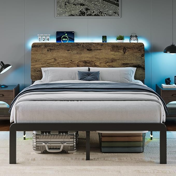 iPormis Full Size Metal Bed Frame with LED Lights & Charging Station, Platform Bed with Ergonomic Storage Headboard, Steel Slats Supports, No Box Spring Needed, Noise-Free, Easy Assembly, Rustic