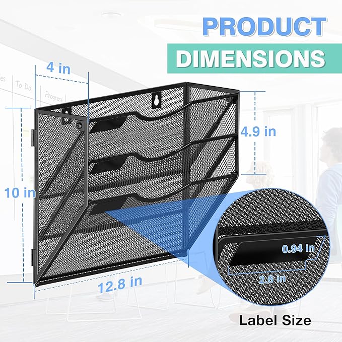 Kuntine.B Wall File Organizer (Black, 3 Tier & Hangers)