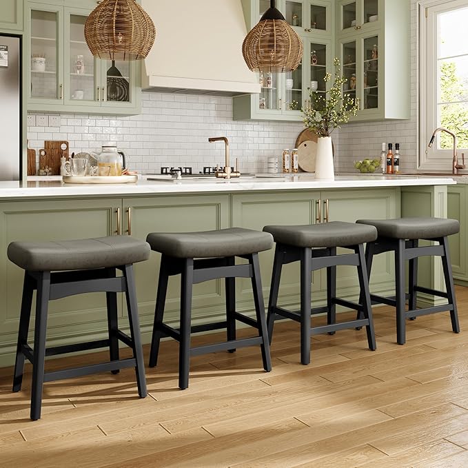 MAISON ARTS Wood Counter Height Bar Stools Set of 3 for Kitchen Counter Solid Wood Legs with Faux Leather Saddle Seat Farmhouse Barstools for 34"-38" Counter Island Upholstered Stools, 24in Grey