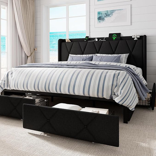 King Bed Frame with 4 Storage Drawers, Upholstered Platform Bed with Charging Station, Modern Wingback Storage Headboard, Easy Assembly,Noise-Free, Black