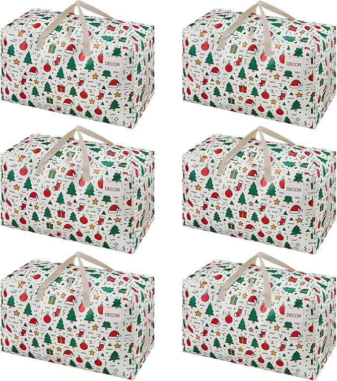 VENO 6 Pack Moving Bags and Large Christmas Decoration Storage Bins with lids. Alternative to Moving Boxes, Packing Supplies for College. Heavy Duty Totes (Jingle Mix, 6 Pack)