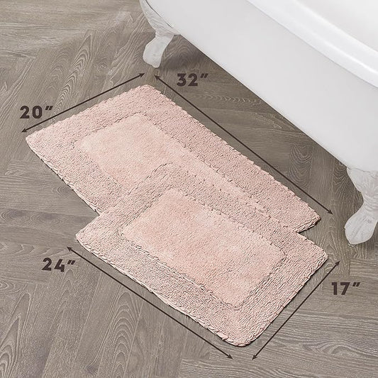Laura Ashley Ruffle Border 100% Cotton Bath Rug Set, Blush Pink, 17" x 24"/ 20" x 32"