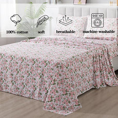 FADFAY Sheets Set King Pink Rose Floral Bedding Rustic Peony Flower Bed Sheet Set Vintage Farmhouse Bedding 100% Cotton Ultra Soft Breathable Collection with Deep Pocket Fitted Sheet 4Pcs, King Size