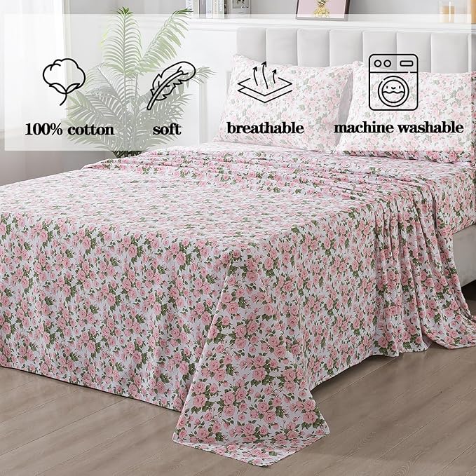 FADFAY Sheets Set Queen Pink Rose Floral Bedding Rustic Peony Flower Bed Sheet Set Vintage Farmhouse Bedding 100% Cotton Soft Breathable Collection with Deep Pocket Fitted Sheet 4Pcs, Queen Size
