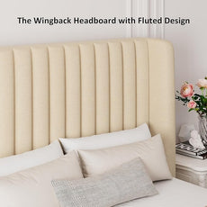 Full Size Lift Up Storage Bed, Upholstered Platform Bed Frame with Wingback Headboard, Hydraulic System, Solid Wooden Slats Support, Noise-Free, No Box Spring Needed, Easy Assembly, Beige