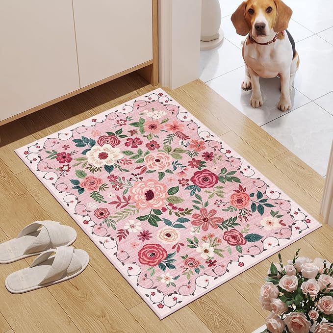 DUKINO 2x3 Rugs for Entryway, Floral Indoor Washable Door Mat, Non Slip Boho Small Rug for Kitchen, Soft Low Pile, Front Door Throw Rug for Entrance, Bedroom, Kitchen, Laundry, Bathroom, Pink