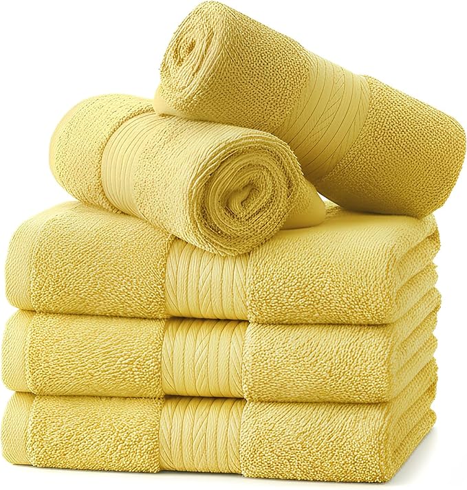 Ample Decor Yellow Washcloths Pack of 5 12 X 12 Inch 100% Cotton 600 GSM, Soft Absorbent and Reusable Fingertip Towels, Ideal for Bathroom and Powder Room