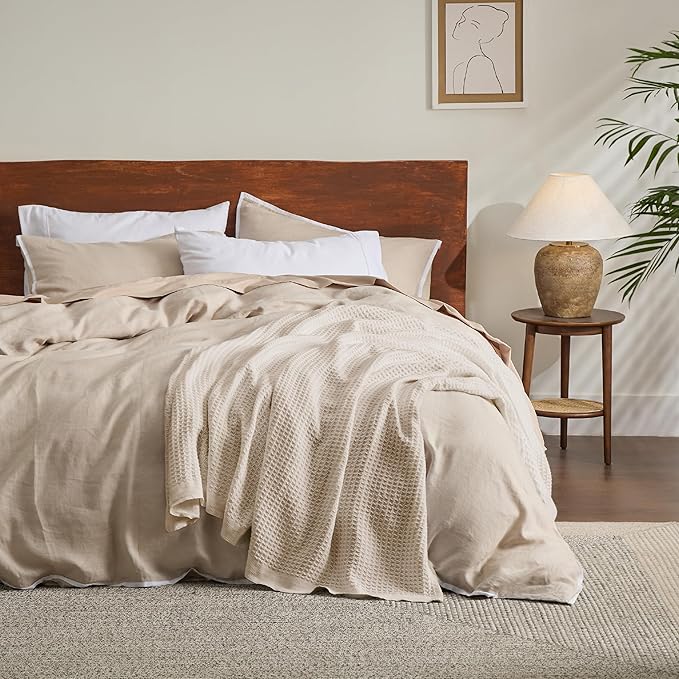 Bedsure Gentlesoft 100% Cotton Large Throw Blanket for Couch 50x70 inches - Breathable and Soft, Waffle Weave Throw Blanket for Office, Light Beige