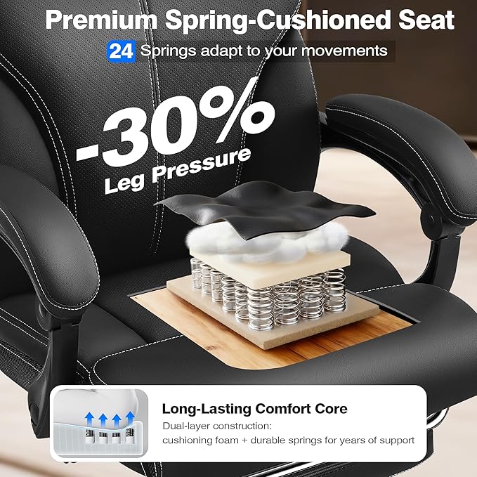 Office Chair - Ergonomic Comfortable High Back Computer Desk Chair with Foot Rest - Executive Breathable Swivel Rolling Reclining Leather Chair with Lumbar Support for Home Gaming Relaxing