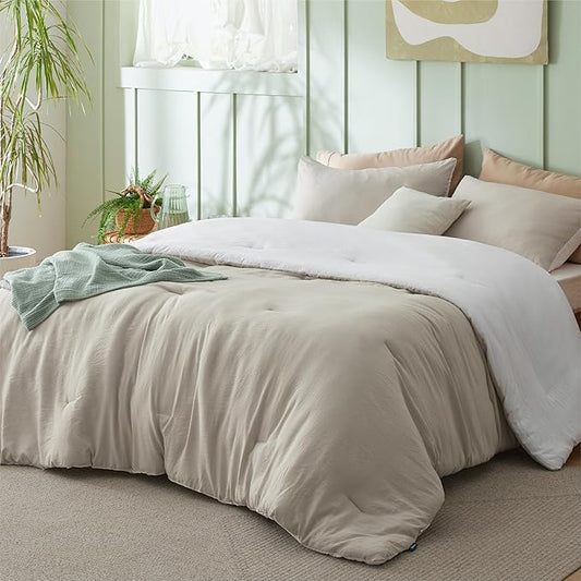 Bedsure King Size Comforter Set, Reversible Beige Soft Prewashed Bedding for All Seasons, 3 Pieces Warm Down Alternative Bed Set, 1 Lightweight Comforter (104"x90") and 2 Pillowcases (20"x36")