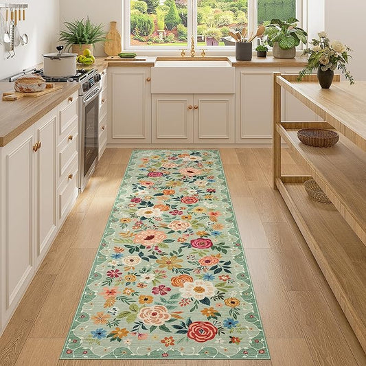 DUKINO Runner Rug, 2x7 Boho Kitchen Rug for Hallways with Low Pile Design, Washable Non Slip Backing Soft Floral Runner for Kitchen, Hallway, Entryway, Bedroom, Laundry, Green