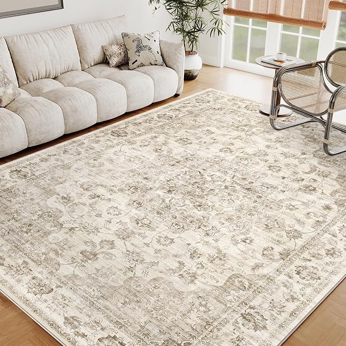 6x9 Washable Neutral Area Rug Beige Vintage Living Room Bedroom Carpet Non-Slip Soft Medium Pile Floral Indoor Throw Rug for Dining Room Entryway Office