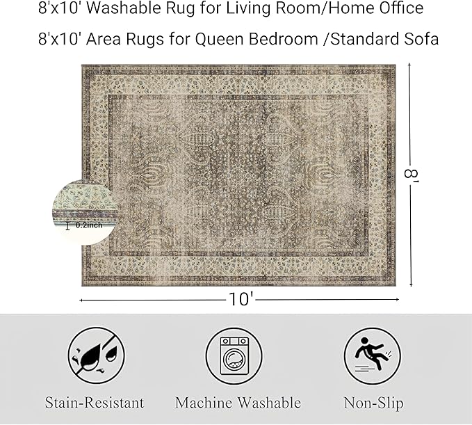 RCTJHOME 8'x10' Washable Area Rugs for Standard Sofa Living Room/Queen Bedroom, Ultra Soft Non-Slip Accent Large Carpet, Dining Room, Home Office, Low Pile Vintage Rug Retro Golden Brown Multi