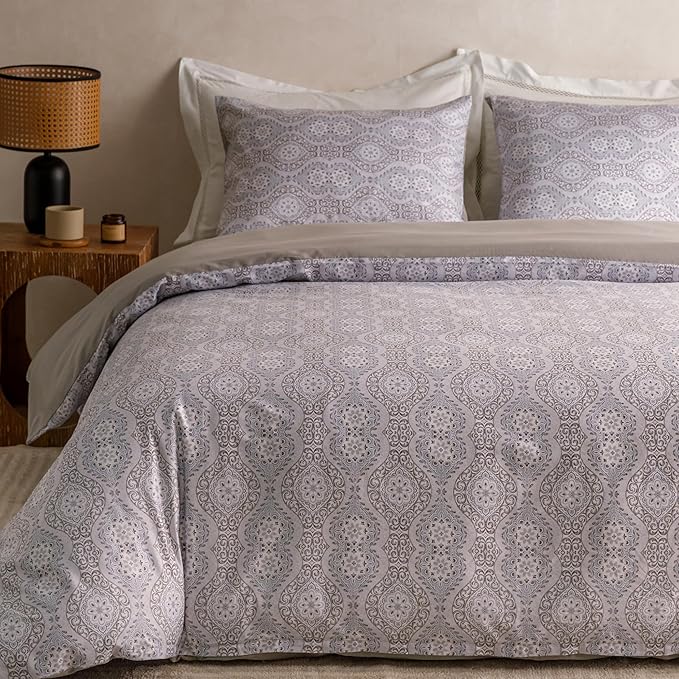 HeimenAogo Egyptian Cotton Duvet Cover California King Sateen Weave, Silky Soft Duvet Cover with Zipper Closure, Long Staple Cotton Comforter Cover Bohemian Damask Geometric 3 Pcs