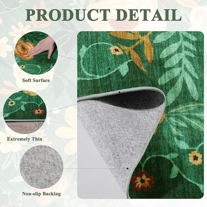 DUKINO Runner Rug, 2x10 Kitchen Hallway Carpet, Washable with Non-Slip Backing, Low Pile Soft Boho Floral for Entryway, Laundry, Bedroom, Dark Green