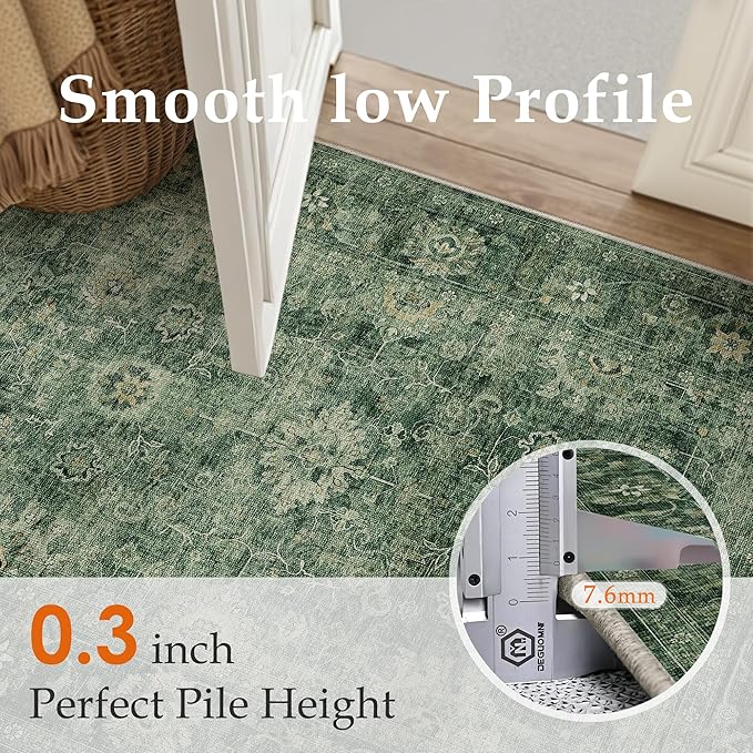 9x12 Green Vintage Area Rug for Living Room Bedroom Distressed Rustic Large Carpet Non-Slip Low Pile Lightweight Vacuumable Soft Washable Throw Rug for Indoor Dining Room
