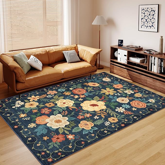 DUKINO 8x10 Area Rug, Floral Rugs for Living Room, Lightweight Non Slip Washable Rug, Indoor Low Pile & Non-Shedding Boho Design Rugs for Bedroom, Living Room, Dining Room, Dark Blue