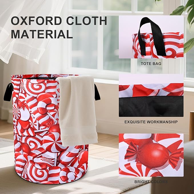 Christmas Candies Laundry Basket Foldable Oxford Cloth Tote Bag Laundry Hamper Clothes Storage Bucket Organizer For Bathroom/Laundry Storage/Bedroom 19.6x15.7 Inch