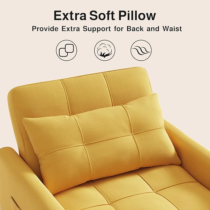 Ahomly Convertible Sleeper Chair Sofa Bed with 3-in-1 Design, Adjustable Backrest, and Storage Pocket for Living Room, Yellow