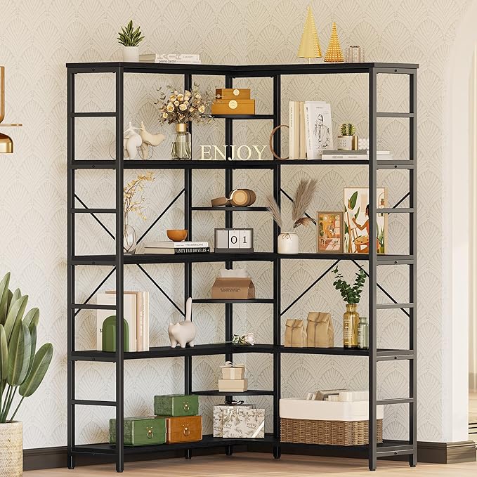 IRONCK Industrial Bookcases and Bookshelves, 5-Tiers Corner Bookcase with Curved Panels, L Shaped Shelf with Metal Frame for Open Storage for Living Room Home Office, Black
