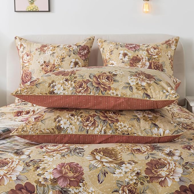 FADFAY Duvet Cover Set Full Tan Peony Floral Bedding Shabby Brown Flower Comforter Cover Set Vintage Farmhouse Bedding 100% Cotton Soft Quilt Cover with Hidden Zipper Closure 3 Pieces, Full Size