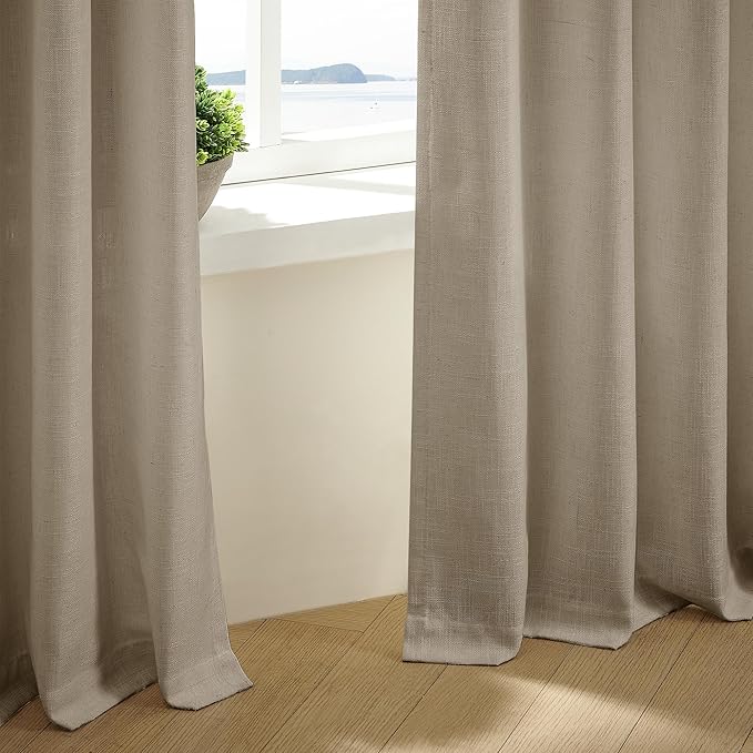 Grey Beige Pinch Pleated Linen Curtains 92 Inches Long 2 Panels for Living Room Bedroom Memory Training Shaped Semi Sheer Pleat Drapes with Hooks Rings Light Filtering Window Curtain 40x92