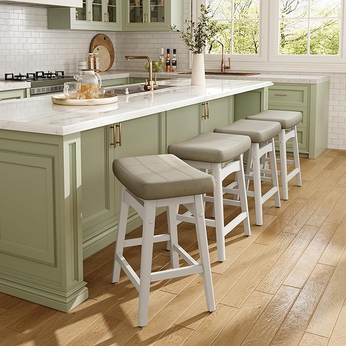 MAISON ARTS Beige Counter Height Bar Stools Set of 3 for Kitchen Counter Solid Wood Legs with Faux Leather Saddle Seat Farmhouse Barstools for 34"-38" Counter Island Upholstered Stools, 24in Height