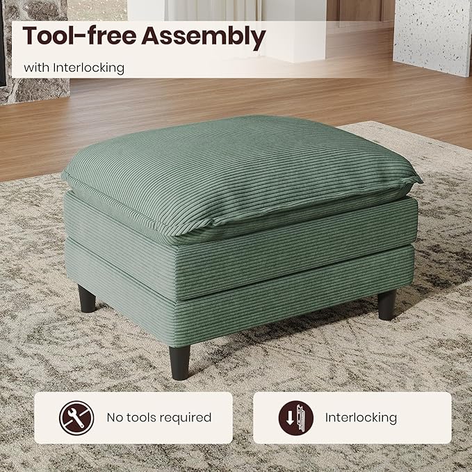 Ottoman for Modular Sectional Sofa, Ottoman Seat for Convertible Sectional, Single Sofa Couch for Living Room, Bedroom, Apartment, Corduroy, Green