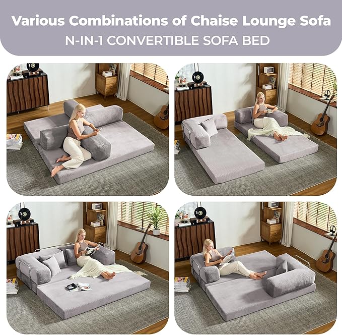 78 Inch Convertible Sofa Bed, Corduroy Boneless Couch with Fixed Frame and 4 Pillows, Modular Sectional Couch for Living Room Bedroom Studio Floor Bed Loveseat Sofa (Grey)