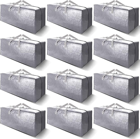 12 Pack Heavy Duty Extra Large Moving Bags W/Backpack Straps - Strong Handles & Zippers, Storage Totes For Space Saving, Fold Flat, Alternative to Moving Box and Storage Bin, Silver
