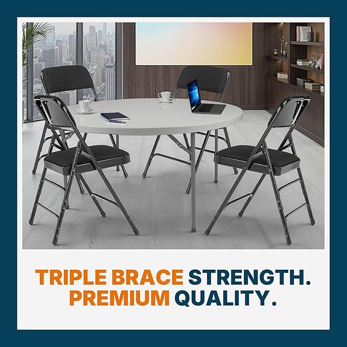 OEF Furnishings OEF2300 Series Heavy-Duty Premium Fabric Padded Upholstery Double-Hinged Triple-Braced Folding Chairs (4-Pack, Classic Black)