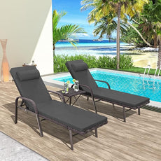 Patio Chaise Lounge Set 3 Pieces Pool Lounge Chairs,Cushioned Outdoor Folding Lounge Chair w/Arm and Rattan Adjustable Backrest for Poolside Porch,Folding Table Included,Grey