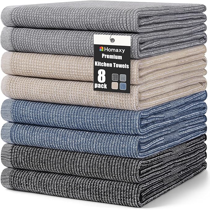 Homaxy Premium Kitchen Towels(18”x 28”, 8 Pack), Large Cotton Kitchen Hand Towels, Flat and Terry Dish Towels, 380 GSM Highly Absorbent Tea Towel Set with Hanging Loop, Mixed Color