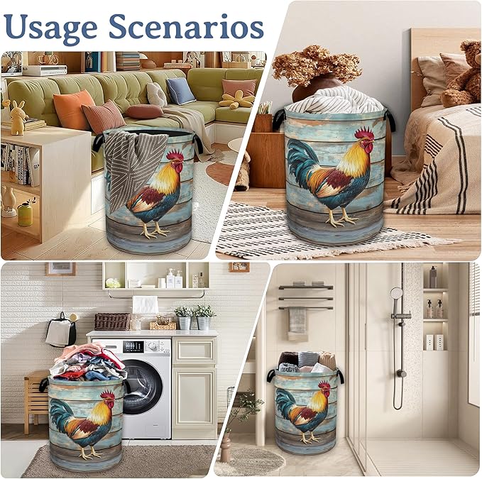 Rooster Laundry Basket,Foldable Oxford Cloth Vintage Wooden Board Laundry Hamper with Handles, 20.8"x16" Tote Bag Clothes Storage Bucket for Laundry Room/Bathroom/Bedroom/Dormitories