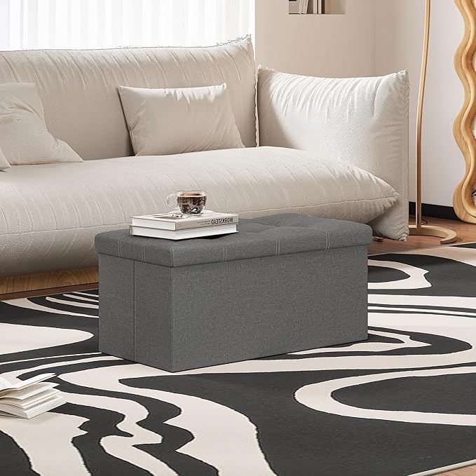 Youdesure Folding Storage Ottoman Bench, Footrest Couch for Living Room, 30 inch Storage Bench with Padded Seat for Bedroom Hallway, Holds up to 350lbs, Linen Fabric Grey