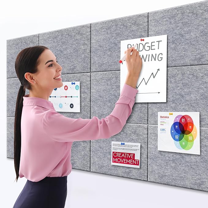 Large Corkboard Alternative - 11.8"x11.8"x0.35" 12 Pack Felt Wall Tiles Self-Adhesive Safe Removable Large Corkboard Bulletin Board Felt Cork Board for Walls Office 48 x 36-Light Gray