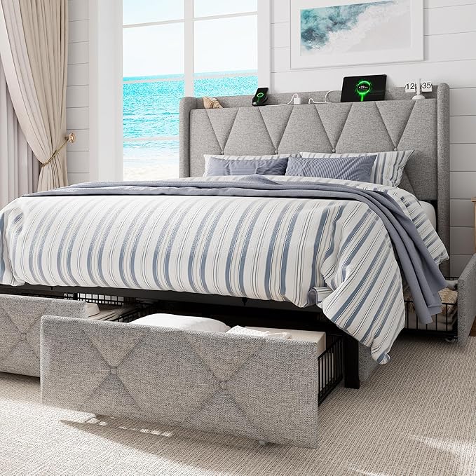 Full Size Bed Frame with 4 Storage Drawers, Upholstered Platform Bed with Charging Station, Modern Wingback Storage Headboard, Easy Assembly,Noise-Free, Light Gray