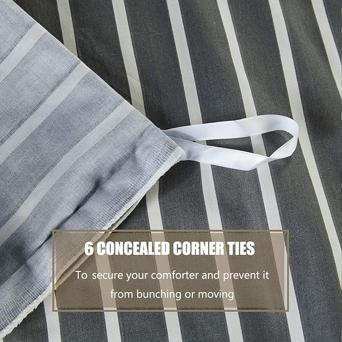 JELLYMONI 100% Natural Cotton 2pcs Striped Duvet Cover Sets, Dark Grey Duvet Cover with White Stripes Pattern Printed Comforter Cover, with Zipper Closure & Corner Ties(Twin Size)