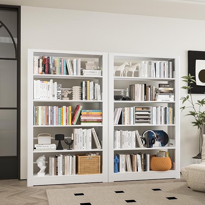 Metal Bookshelf, 5 Tier Bookshelf with Adjustable Shelves, White Bookshelf, Heavy Duty 69” Tall Bookcase, Large Book Case Book Shelf for Bedroom, Living Room, Office, Library