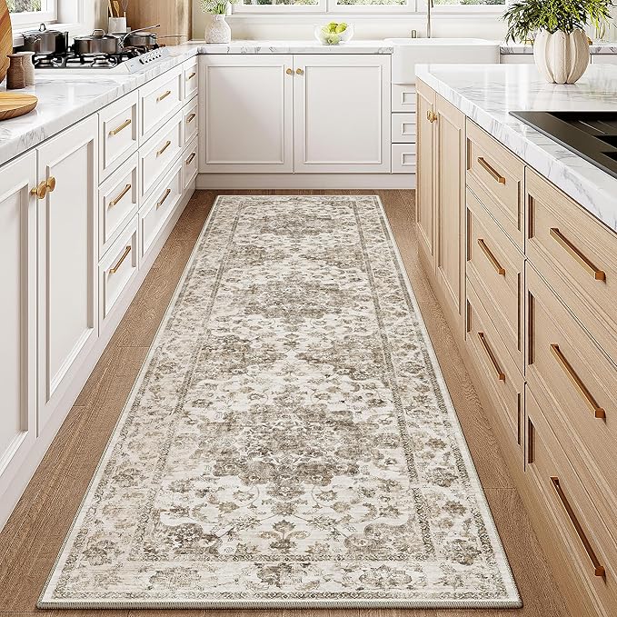 2x8 Washable Neutral Runner Rug Brown Vintage Hallway Kitchen Carpet Non-Slip Soft Low Pile Floral Throw Rug for Bedroom Bathroom Laundry Living Room