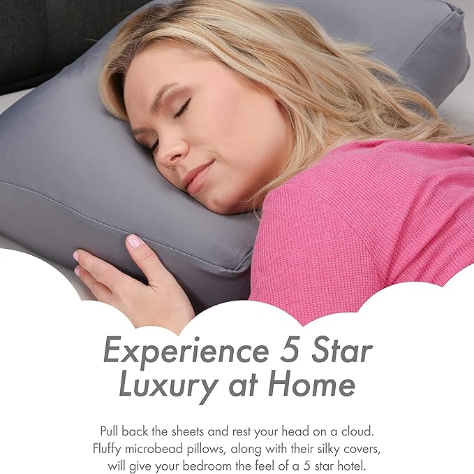 PILLOWY Premium Microbead Bed Pillow, Medium Extra Fluffy But Supportive - Ultra Comfortable Sleep with Silk Like Anti Aging Cover 85% Spandex/ 15% Nylon Breathable, Cooling Dark Grey