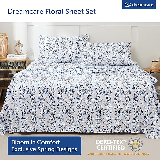 DREAMCARE Queen Size Sheets - Floral Sheets Queen Size Bed Set - 4pcs Queen Sheet Set - Cooling Bed Sheets - Queen Size Sheet Sets - Soft & Long Lasting 100% Brushed Floral Bed Set - Floral Blue DREAMCARE
